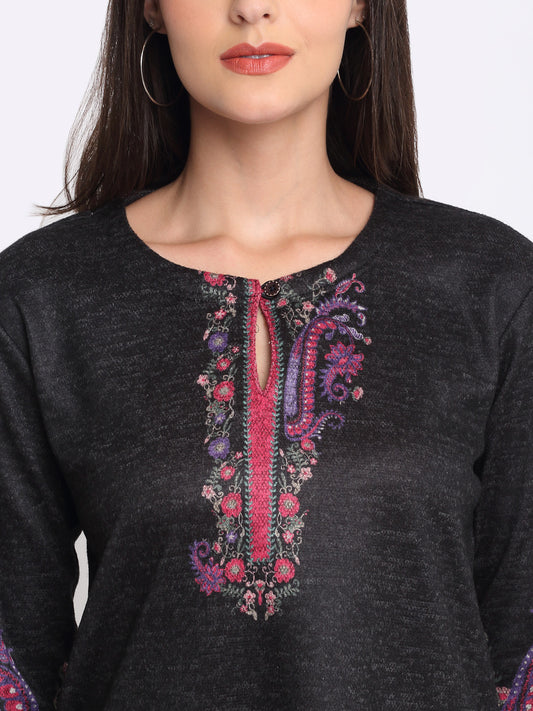 Shaye black kurti wool-knit floral for women detail view