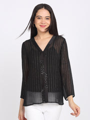 Shaye black shirt cotton striped for women front view