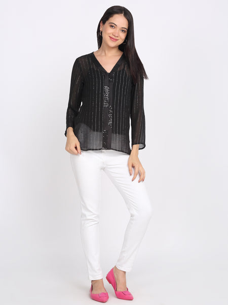 Shaye black shirt cotton striped for women lifestyle view