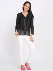Shaye black shirt cotton striped for women lifestyle view