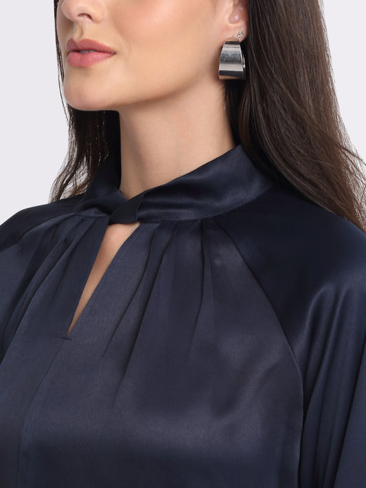 Shaye blue top satin twisted neck gathers at yoke slit back button closure close-up detail for women