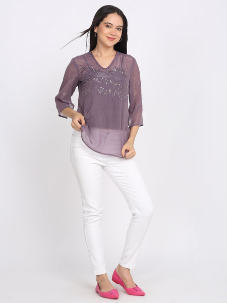 Shaye mauve top chiffon embroidered for women lifestyle view