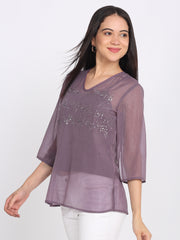 Shaye mauve top chiffon embroidered for women model view
