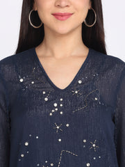 Shaye navy blue top chiffon embroidered for women detail view