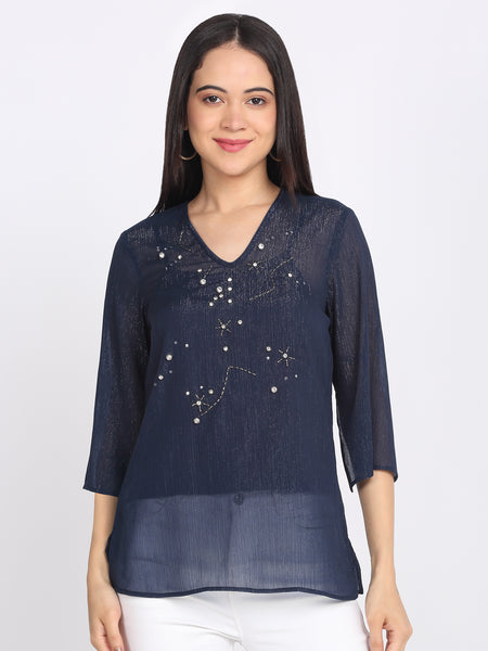 Shaye navy blue top chiffon embroidered for women front view