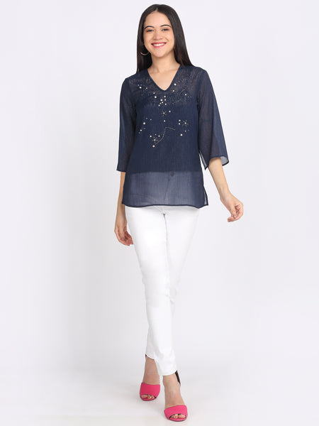 Shaye navy blue top chiffon embroidered for women lifestyle view