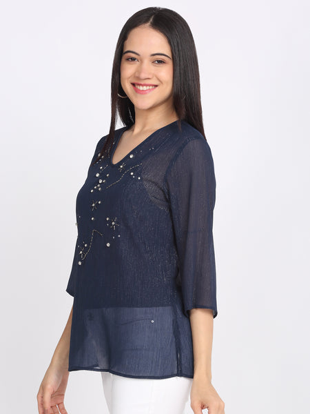 Shaye navy blue top chiffon embroidered for women model view