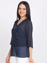 Shaye navy blue top chiffon embroidered for women model view