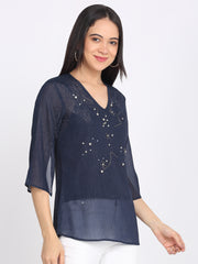 Shaye navy blue top chiffon embroidered for women styled view