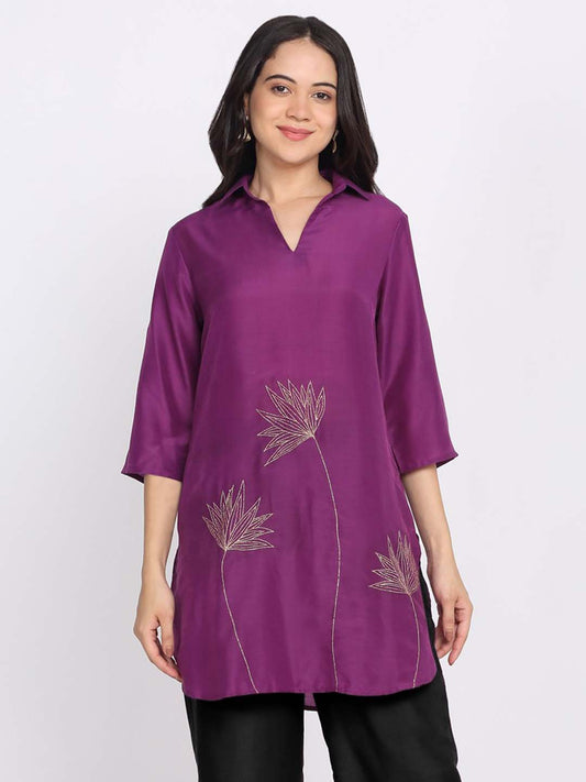 Purple Floral Gold Zari Embroidered Kurti from Shaye India , Kurti for women