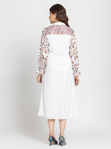 Rear view of Abigail Shirt Dress featuring elasticated back spread collar and floral print