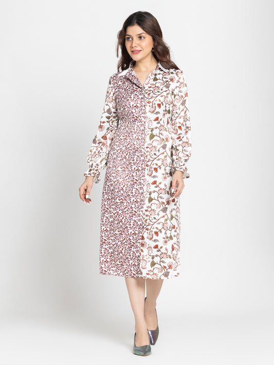 Model wearing white floral Abigail Shirt Dress with spread collar full elasticated sleeves and relaxed fit