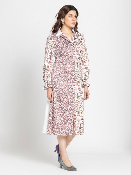 Full length front view of Abigail Shirt Dress showing button down front elasticated back and straight hemline