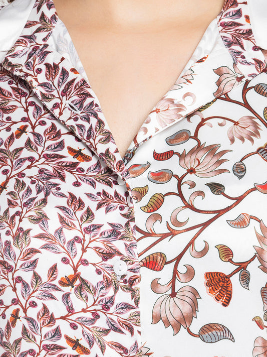 Close up of floral print and spread collar on white satin Abigail Shirt Dress
