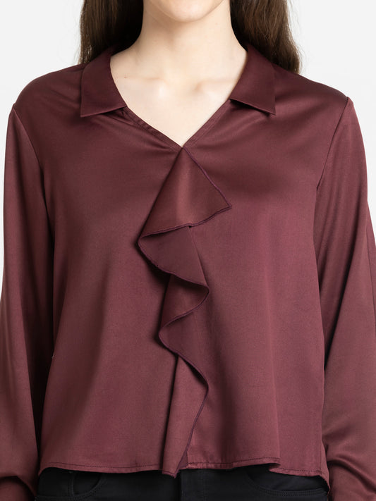 Close up of cascading ruffle detail along V-neckline on brown satin Beckie Top