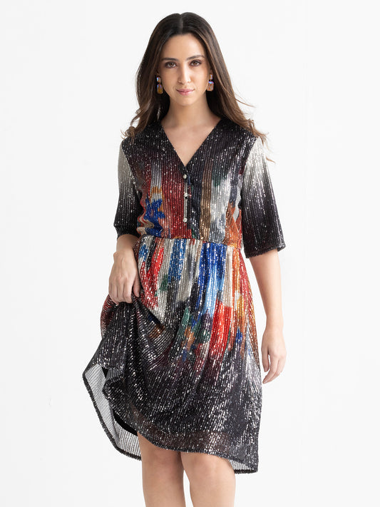 Beige Jamie sequin party dress with Ikat ombre print, V-neck and short sleeves front view