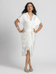 Full length front view of Bernadette Dress showing button down front straight hem and belt with relaxed fit