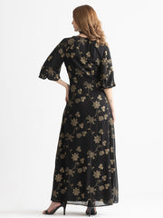 Back view of black Bondi foil print dress with fit and flare silhouette and included scarf