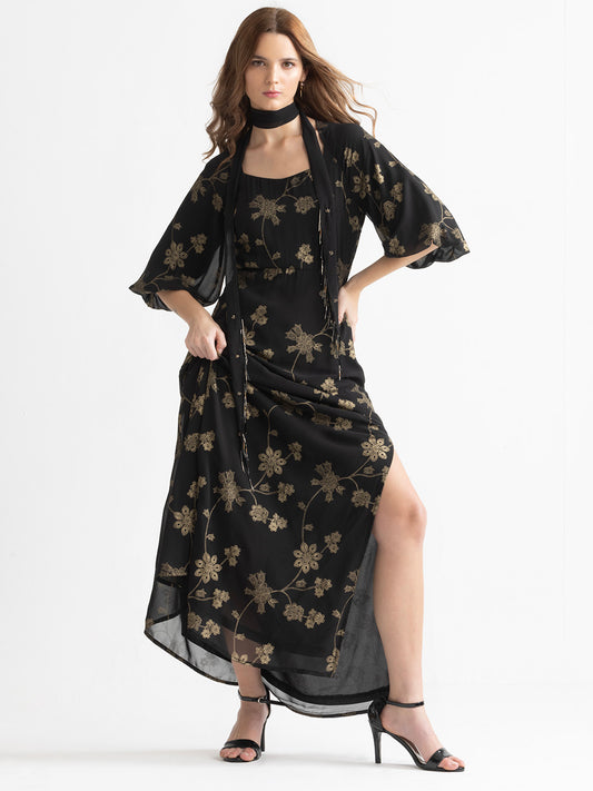 Black Bondi foil print party dress with sweetheart neck and short bishop sleeves front view