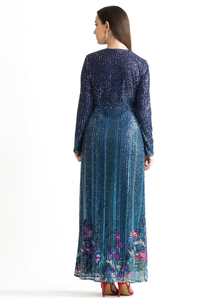 Back view of blue Carey sequin party dress showing floral print and back zipper closure