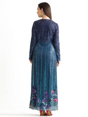 Back view of blue Carey sequin party dress showing floral print and back zipper closure