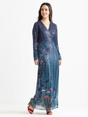 Blue Carey dress styled with red heels and floral print - elegant slim fit sequin party outfit