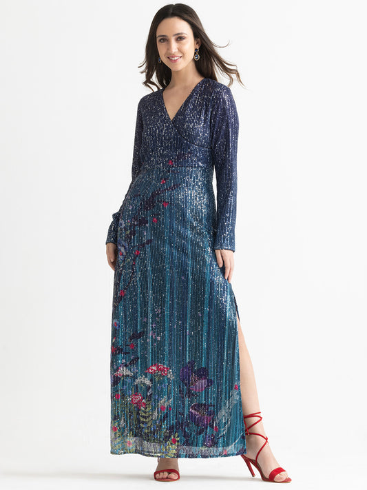 Blue Carey sequin party dress with floral print and V-neck, full sleeves - slim fit polyester dress front view