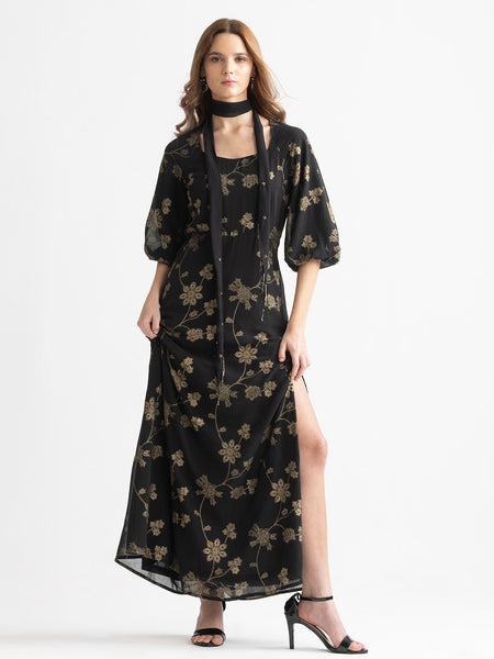 Black Bondi dress styled with heels and scarf accessory – fit and flare georgette party look
