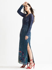 Left side view of blue Carey dress showing V-neck, side slit, and slim fit silhouette