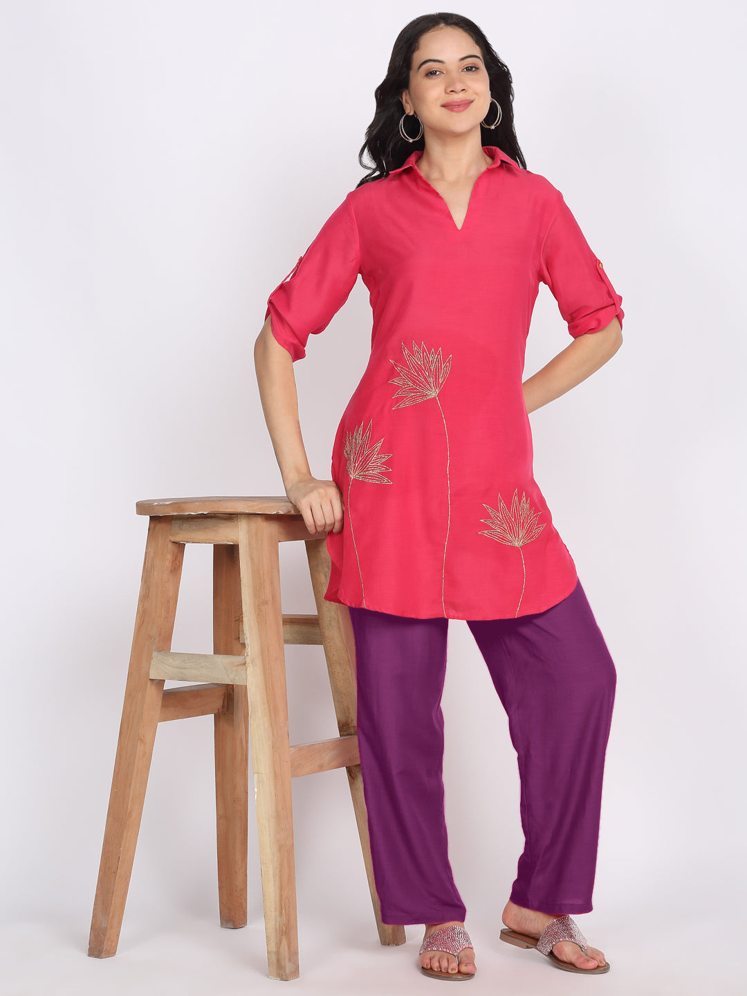 Coral Floral Gold Zari Embroidered Kurti from Shaye India , for women