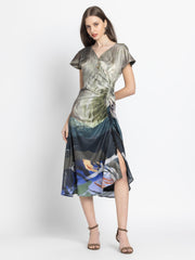 Full front view of Dorina Dress showing asymmetric hem drop shoulder sleeves and relaxed fit silhouette