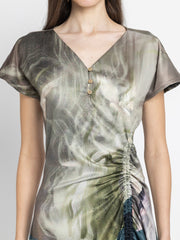 Close up of V-neck and ruched detail with adjustable cord on beige Dorina Dress in flowy satin fabric