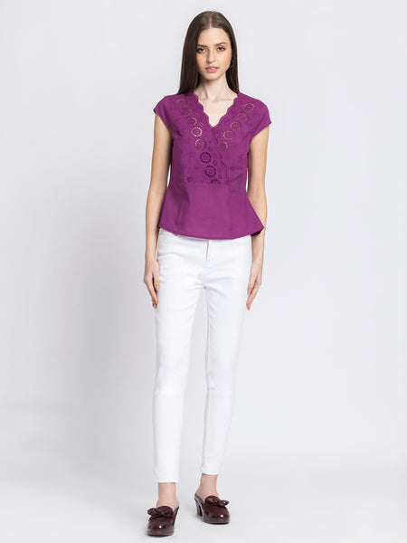 Full front view of Elvira Top highlighting short cap sleeves relaxed fit overlap detailing and cotton comfort
