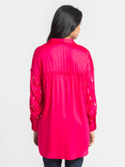 Rear view of Emile Shirt revealing adjustable dori high low hem and relaxed fit in soft modal satin