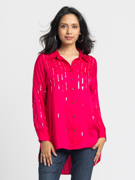 Model wearing fuchsia Emile Shirt with shirt collar full sleeves button down front and sequin embroidery