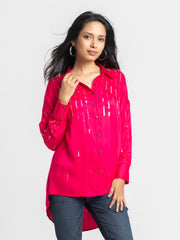 Side profile of Emile Shirt highlighting full sleeves button closure sequin embellishments and relaxed fit