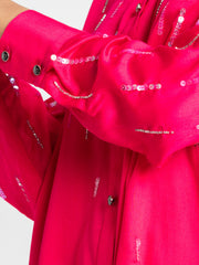 Close up of sequin embroidery on full sleeves of Emile Shirt showcasing translucent modal satin fabric