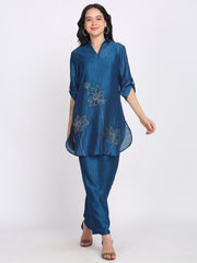 Teal Blue Gold Floral Embroidered Kurti from Shaye India , Kurti for women