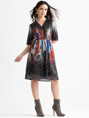 Right side profile of Jamie dress highlighting half button placket and relaxed fit silhouette