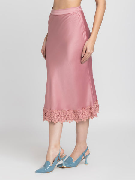 Close up view of Kagura Skirt satin fabric lace hem and comfortable A-line relaxed silhouette