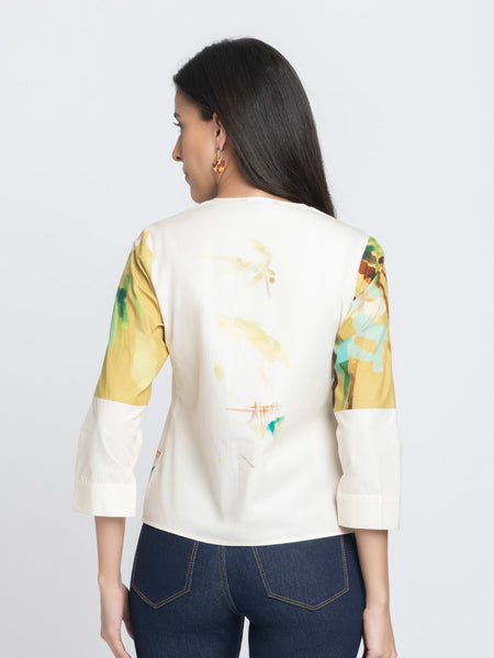 Rear view of Karissa Top revealing relaxed fit ultra soft printed cotton and curved hem