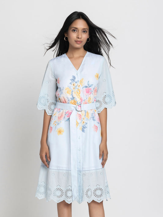 Light blue Poetry cotton dress with V-neck, short flared sleeves, floral print and belt - relaxed fit women’s summer dress front view