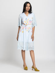 Light blue Poetry dress styled with yellow heels and belt - breezy floral summer outfit inspiration