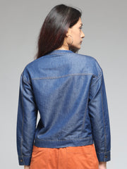 Back view blue denim shirt, full sleeves, straight hemline, relaxed fit, lightweight fabric