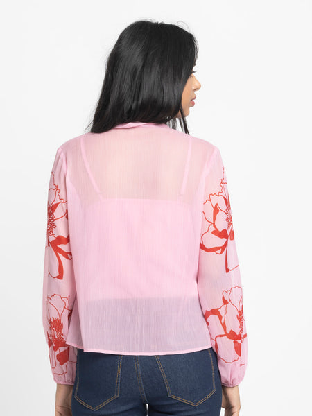 Rear view of Maine Top showing relaxed fit cami lining and floral printed full sleeves in flowy chiffon