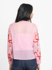 Rear view of Maine Top showing relaxed fit cami lining and floral printed full sleeves in flowy chiffon