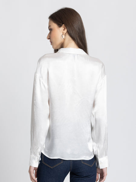 Rear view of Minnie Shirt revealing full sleeves regular fit curved hem and breathable satin fabric
