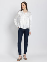 Full front view of Minnie Shirt paired with jeans showing regular fit relaxed curved hem and breathable satin fabric