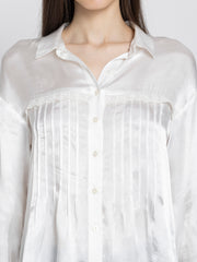Close up of shirt collar and lace pintucks on front of white satin Minnie Shirt showing luxurious fabric