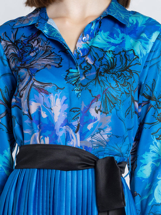 Close up of floral print and buttons on collar of blue satin Olga Dress